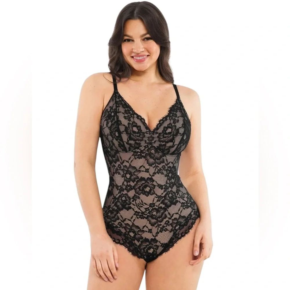 Popilush Shapewear V Neck Tummy Control Backless Lace Thong Bodysuit - Picture 1 of 11